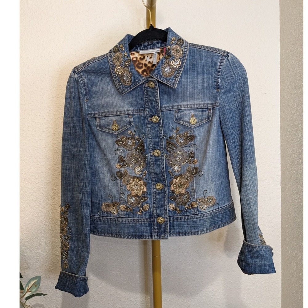 Y2K Vintage Classiques Entier Beaded Embellished Denim Jacket Embroidered Ornate